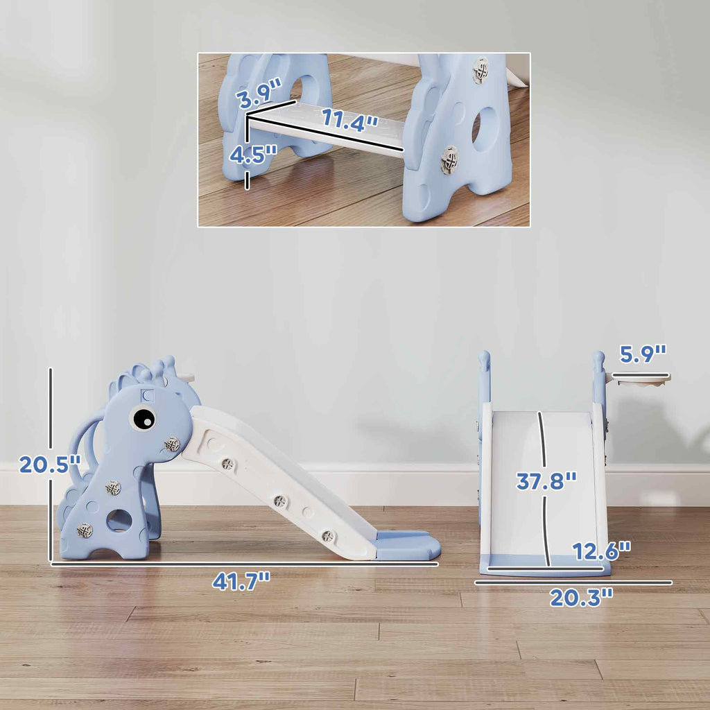 3-in-1 Toddler Slide for Age 1-3, Freestanding Kids Slide with Climber, Basketball Hoop and Ball, Giraffe Design, Blue