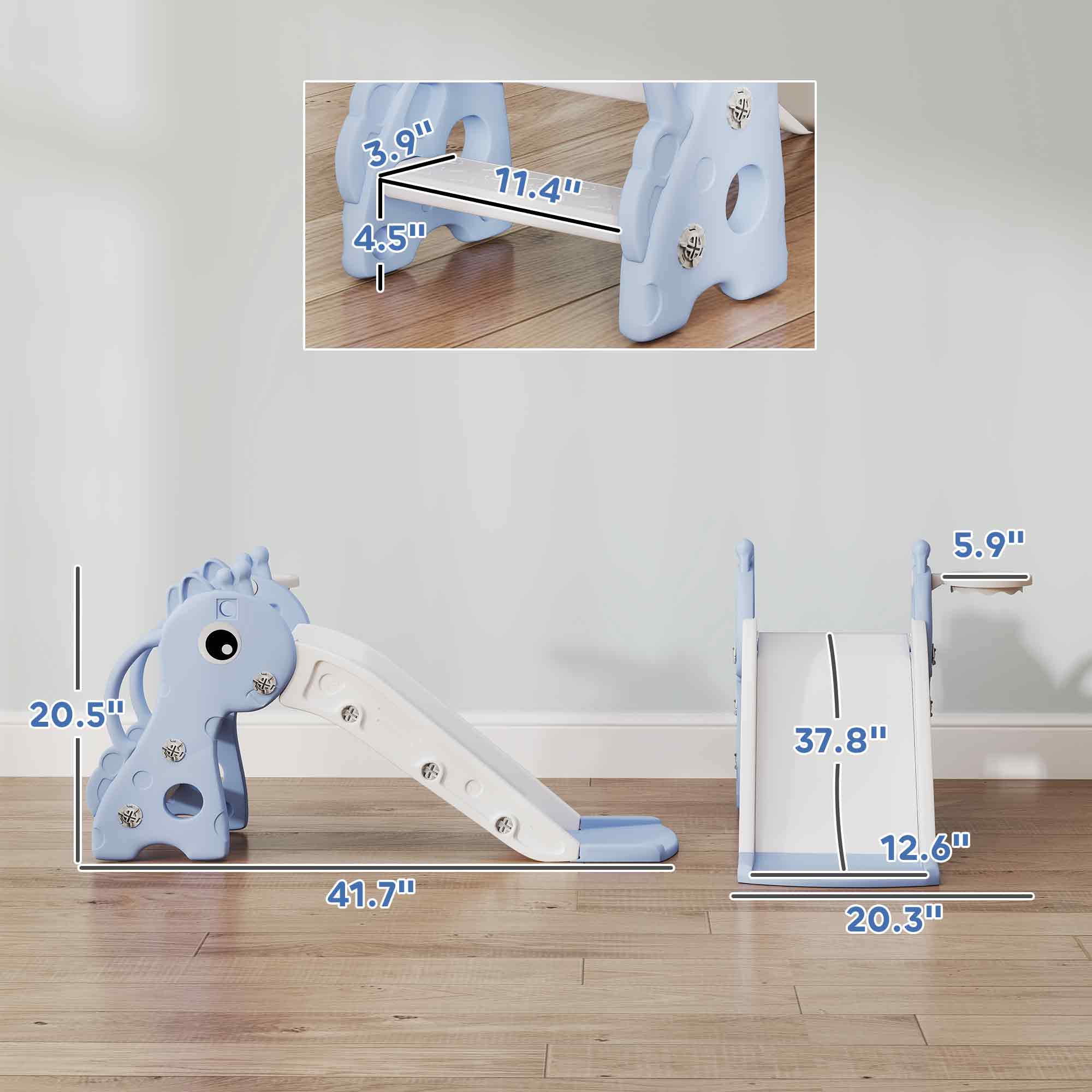 3-in-1 Toddler Slide for Age 1-3, Freestanding Kids Slide with Climber, Basketball Hoop and Ball, Giraffe Design, Blue