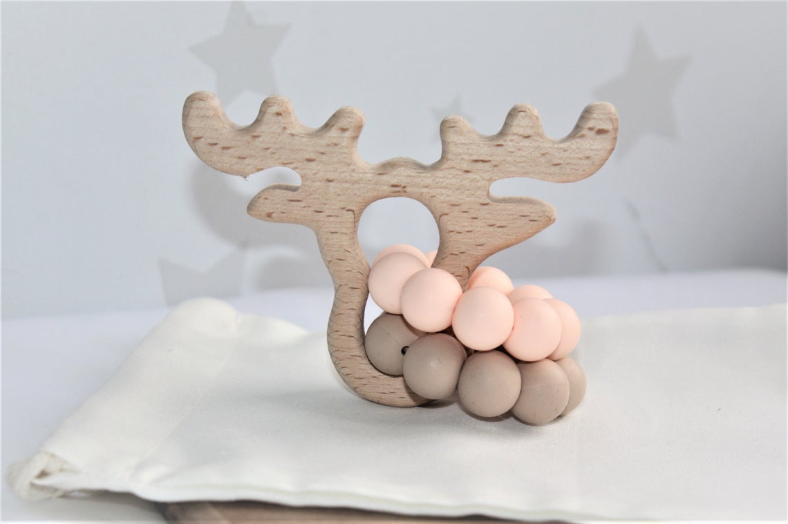 Baby Wooden Rattles, Raw Wooden Toys, Silicone Beads Color Enlightenment Education, Chewable Toys