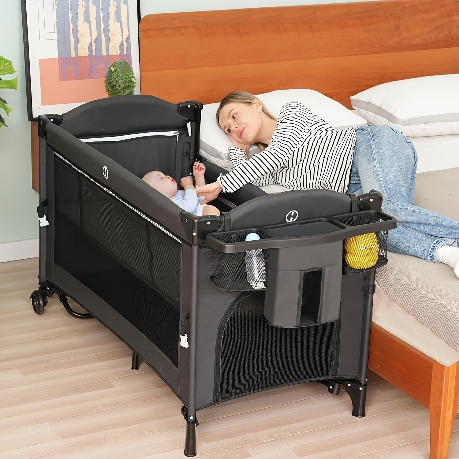 5 in 1 Baby Bassinet Beside Sleeper, Pack and Play Bassinet, Beside Sleeper for Newborn to Toddlers, Multifunction Portable Playard with Bassinet Crib, Soft Toys, Waterproof Sheet, Diaper Changer. As Halloween, Chrismas Gift