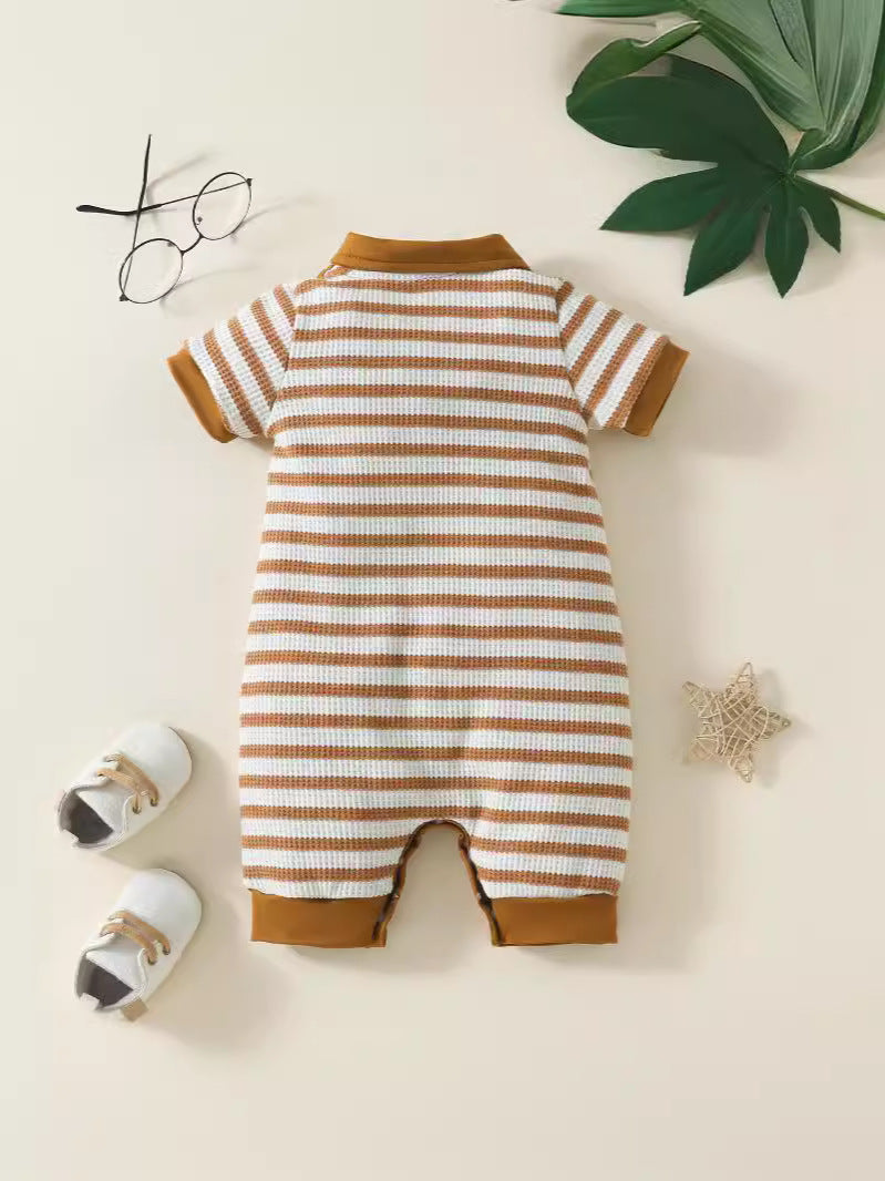 Baby Boy Fashion Waffle Strip Short Sleeve Rompers
