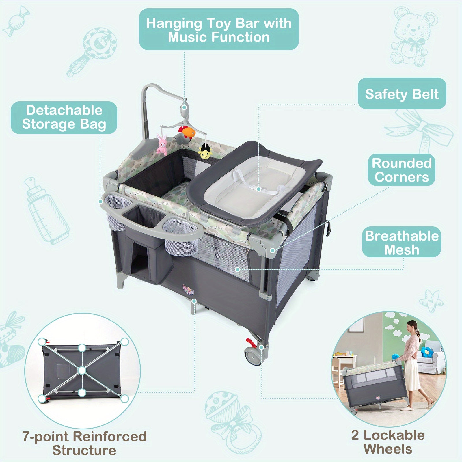 1pc MULTIGOT 5-in-1 Portable Baby Bassinet Crib Playard with Diaper Changer, Metal Frame, No Electricity Needed, Foldable Design, 33 lbs Weight Capacity, Indoor Play Yard