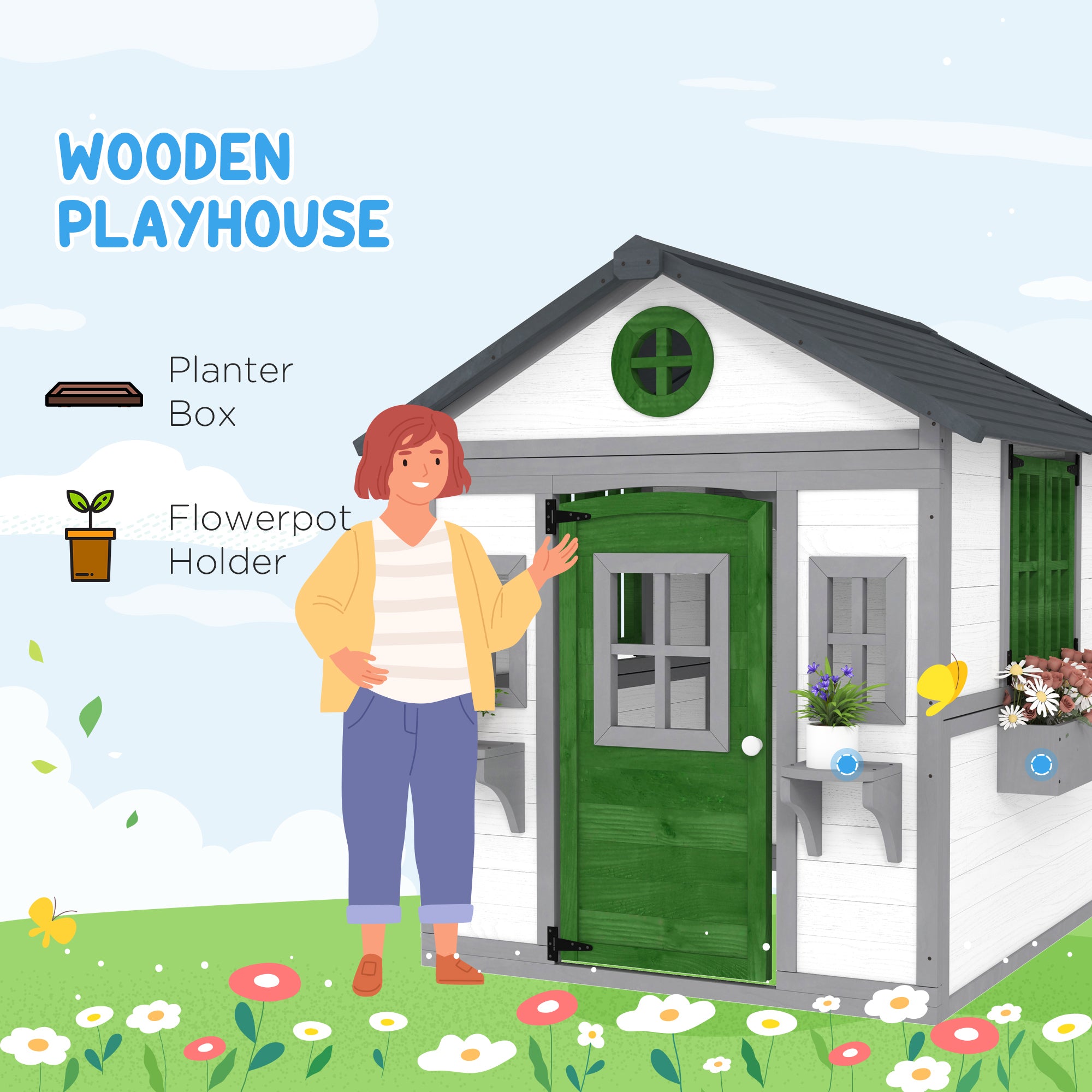 Wooden Playhouse for Kids Outdoor with Doors, Windows, Planter Pots and Boxes for Toddlers 3-8 Years, White