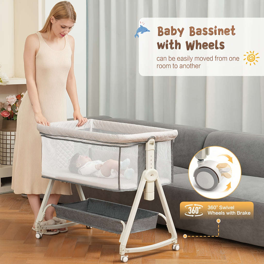 Baby Bassinet, 3 In 1 Baby Bassinets Bedside Sleeper With Mosquito Nets, Comfortable Sleep, Bedside Bassinet For Baby With Wheels And Storage Basket, All Mesh & Adjustable Height Bedside Crib For Newborn 0-6 Months, Halloween