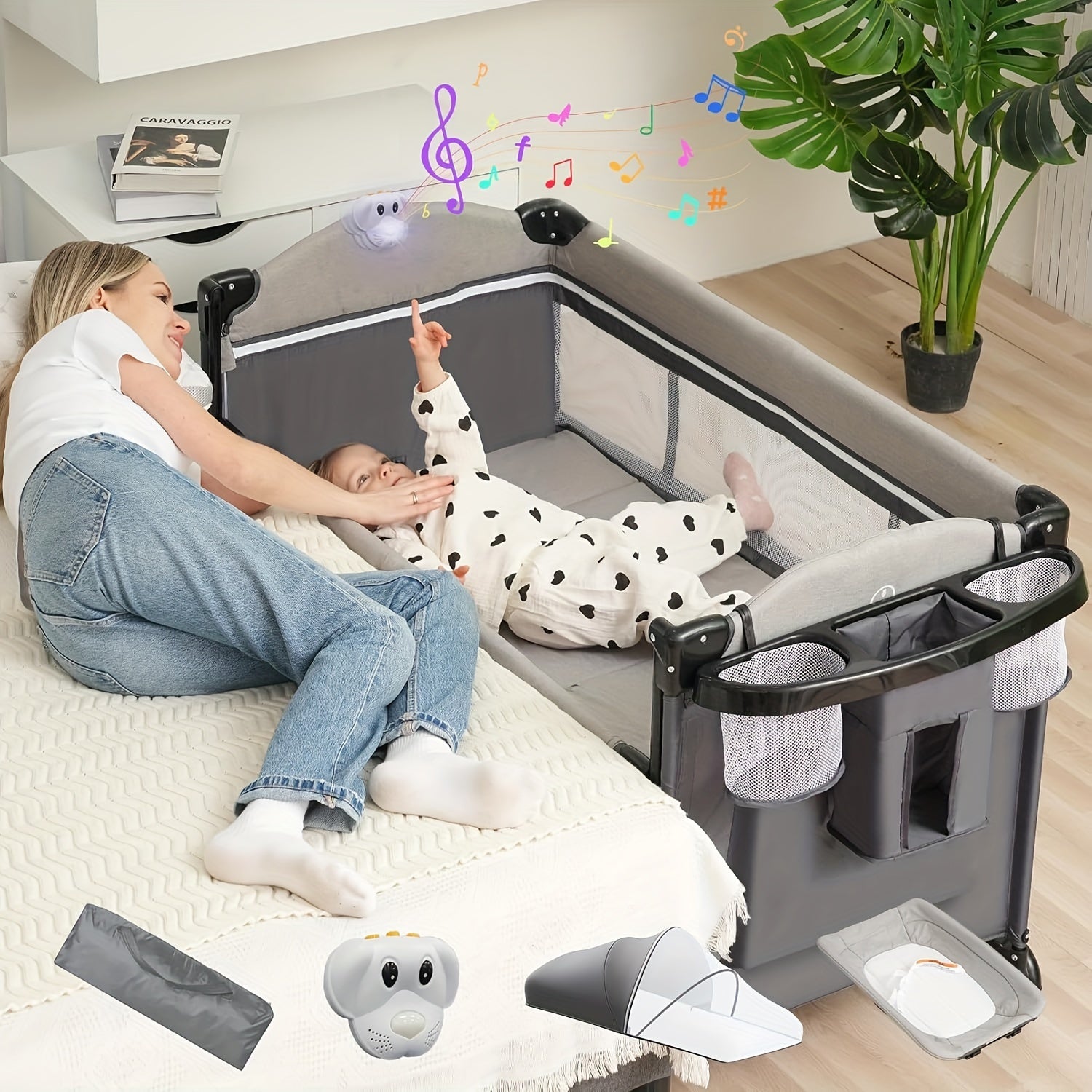 5 In 1 Baby Bassinet Bedside Sleeper - Beside Bassinet With Diaper Changer, Mattress, Bedside Crib With Storage, Foldable Bassinet From Newborn To Toddler (Light Gray) - For New Parents - Suitable for Nursery & Travel - Ideal