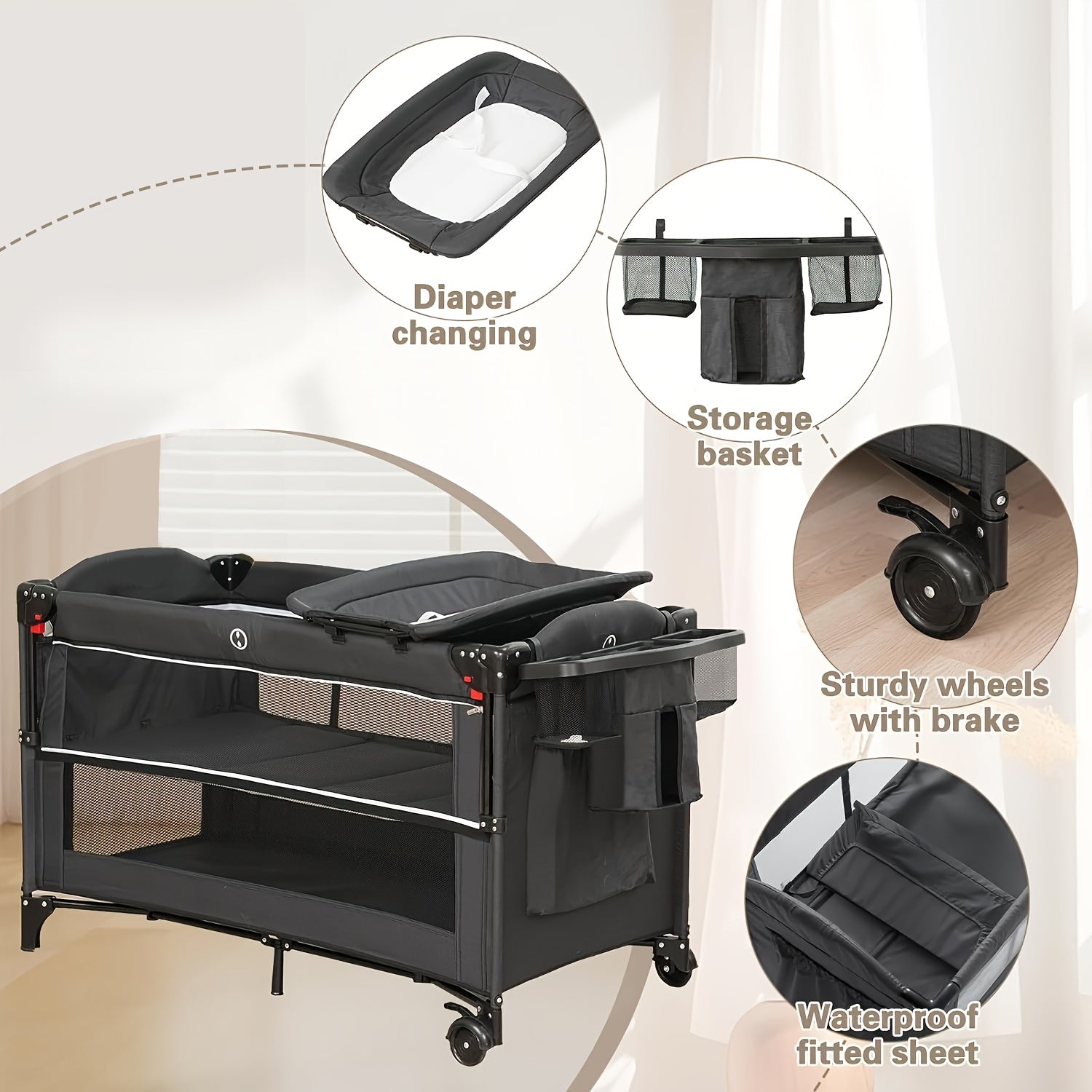 5 in 1 Baby Bassinet Beside Sleeper, Pack and Play Bassinet, Beside Sleeper for Newborn to Toddlers, Multifunction Portable Playard with Bassinet Crib, Soft Toys, Waterproof Sheet, Diaper Changer. As Halloween, Chrismas Gift