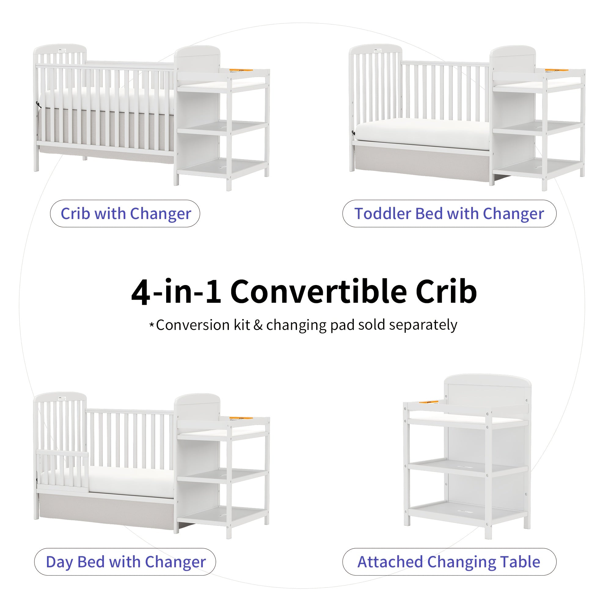 Goldzone 4-in-1 Convertible Baby Crib, Wooden Baby Stuffs Converts Into Toddler Bed with Changing Table, Newborn Essential Items Full Size Nursery Decor Cribs, Adjustable Heights, Item Weight: 56lbs, Maximum Weight Recommenda
