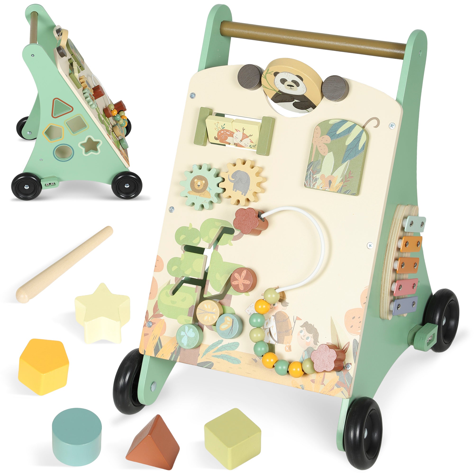 Wooden Baby Walker, Push Along Walker Toys With Speed Control, Xylophone, Gears And Bead Maze, Green