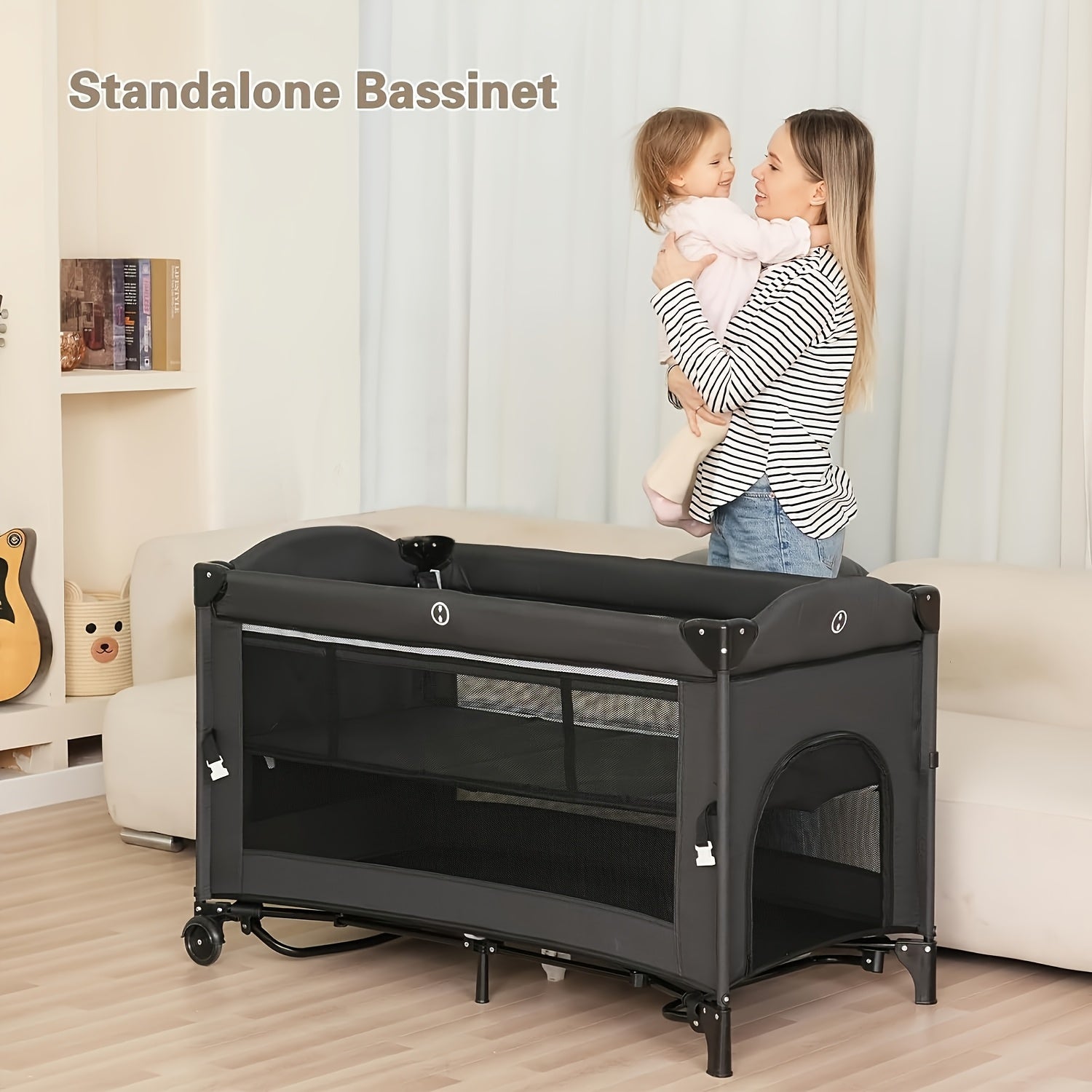 5 in 1 Baby Bassinet Beside Sleeper, Pack and Play Bassinet, Beside Sleeper for Newborn to Toddlers, Multifunction Portable Playard with Bassinet Crib, Soft Toys, Waterproof Sheet, Diaper Changer. As Halloween, Chrismas Gift