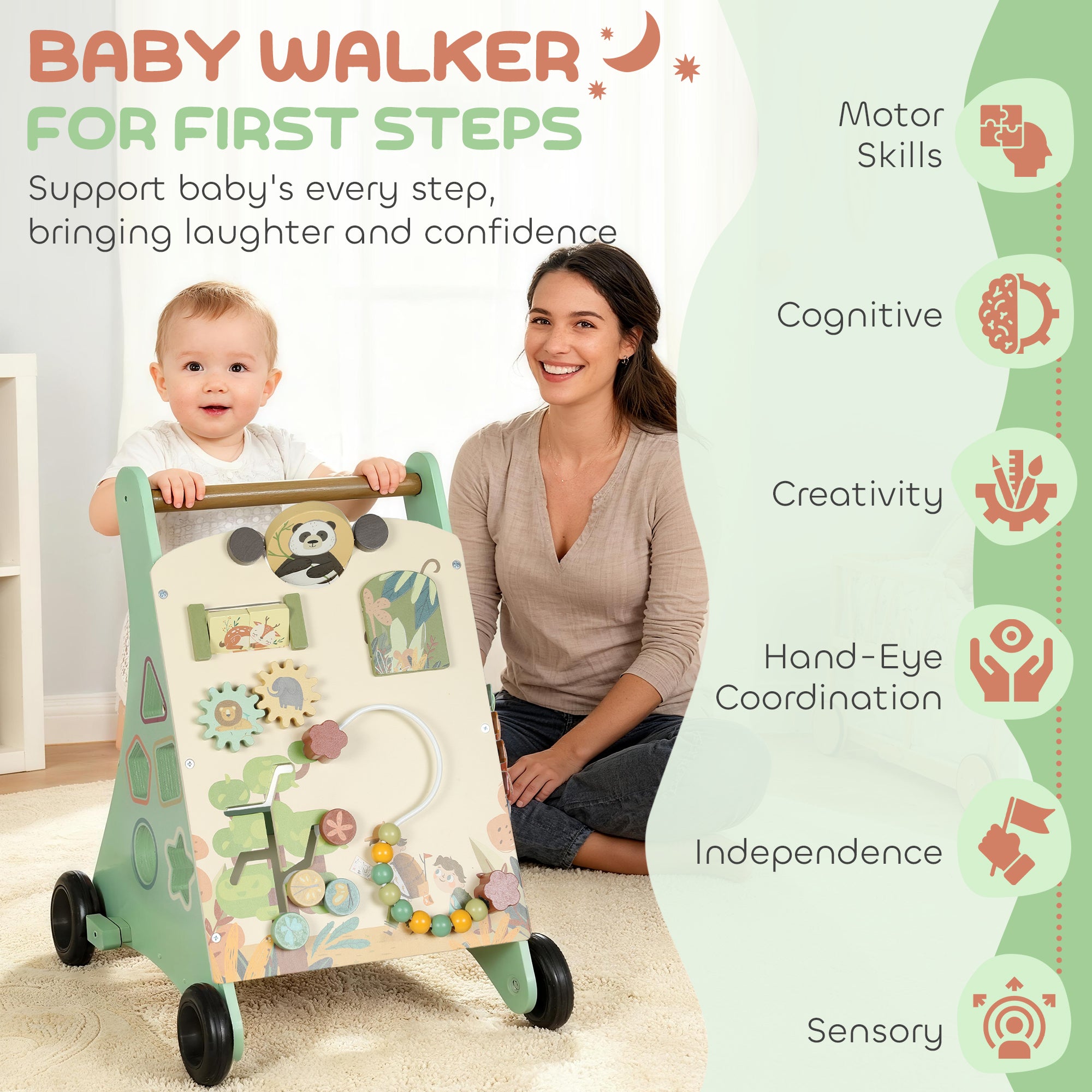 Wooden Baby Walker, Push Along Walker Toys With Speed Control, Xylophone, Gears And Bead Maze, Green