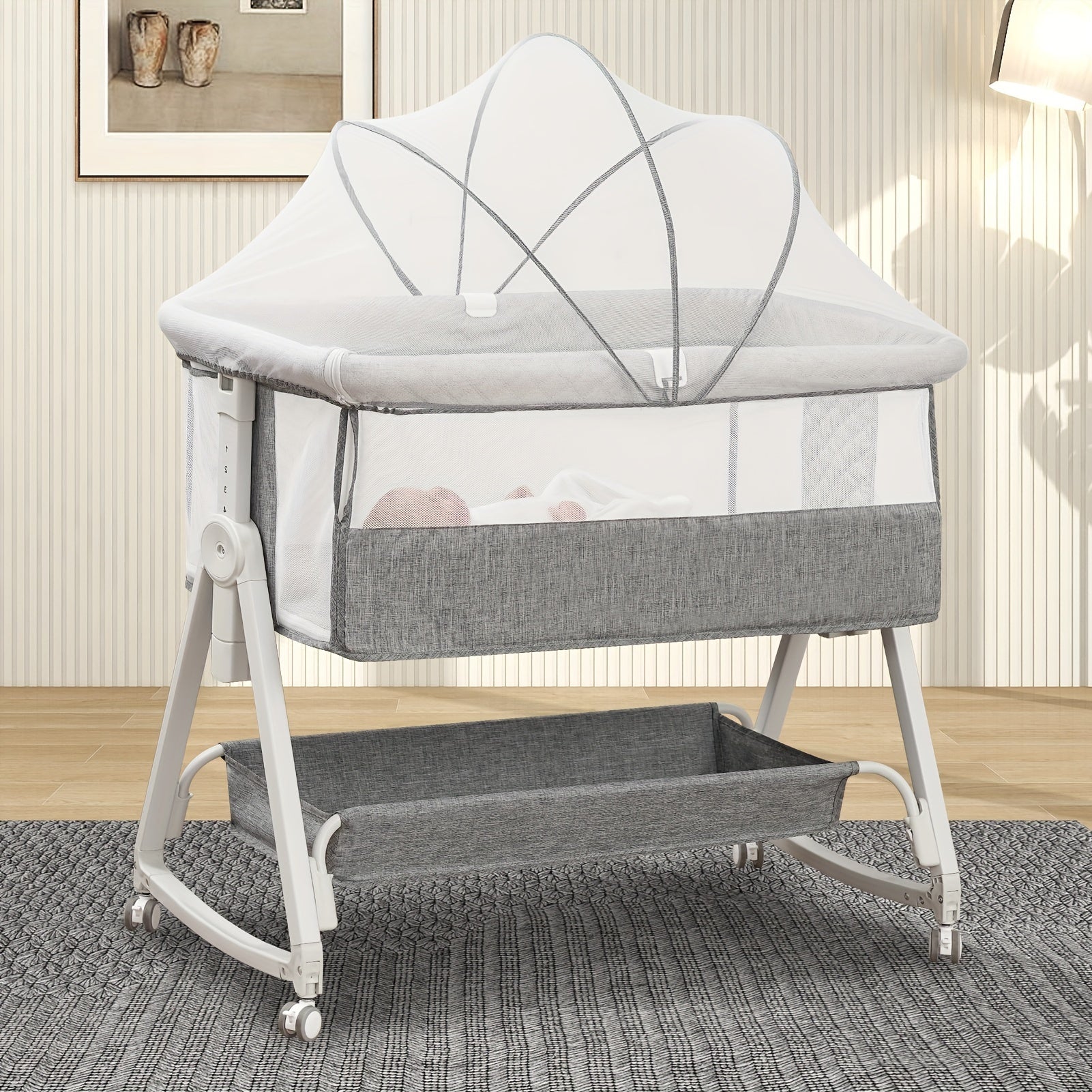 Baby Bassinet, 3 In 1 Baby Bassinets Bedside Sleeper With Mosquito Nets, Comfortable Sleep, Bedside Bassinet For Baby With Wheels And Storage Basket, All Mesh & Adjustable Height Bedside Crib For Newborn 0-6 Months, Halloween
