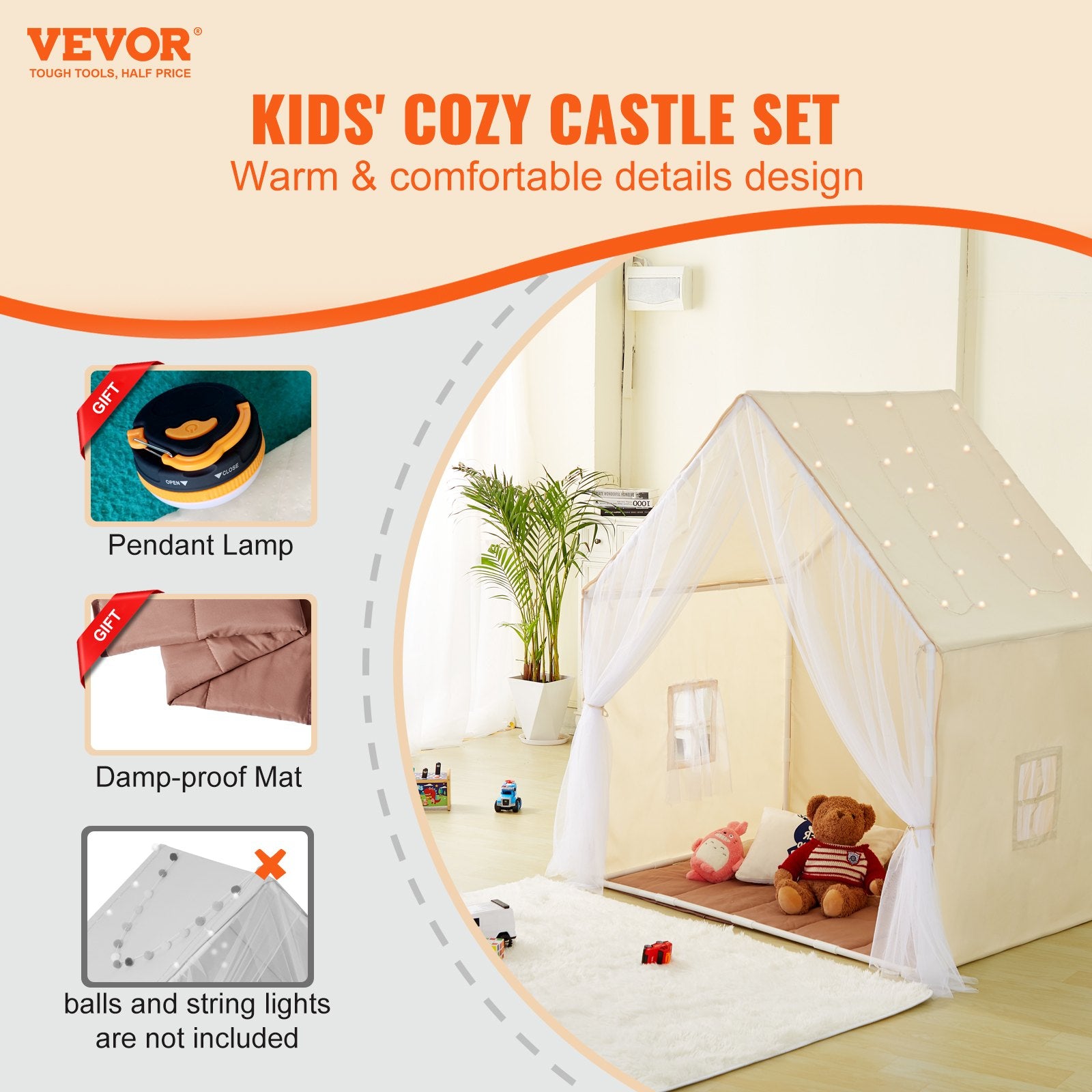 VEVOR Kids Play Tent, Kids Tent For Kids 1-5 Years Old, Toddler Tent With Mat And Tent Lamp, Tent For Kids With Windows For Indoor And Outdoor, Yurt Tent For Boys And Girls, Beige