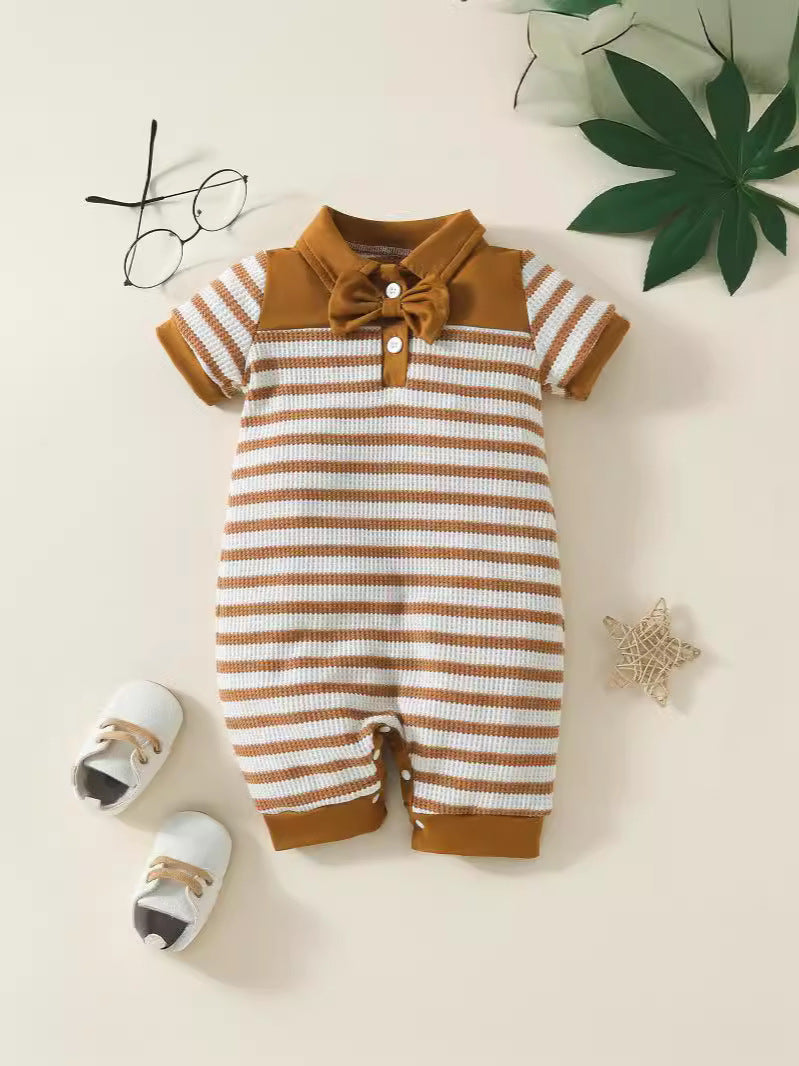 Baby Boy Fashion Waffle Strip Short Sleeve Rompers
