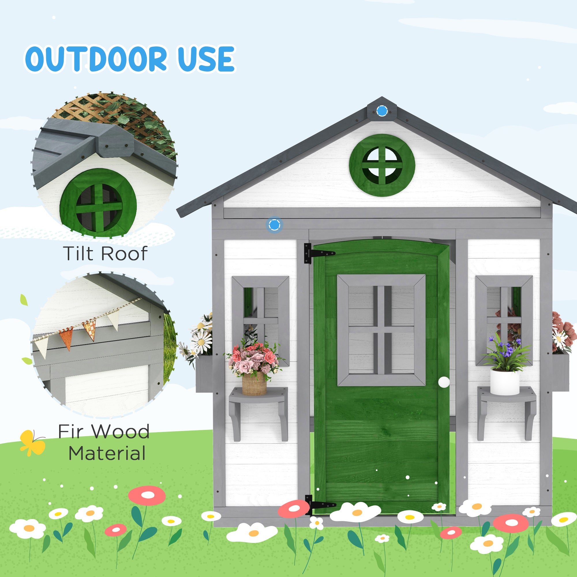 Wooden Playhouse for Kids Outdoor with Doors, Windows, Planter Pots and Boxes for Toddlers 3-8 Years, White