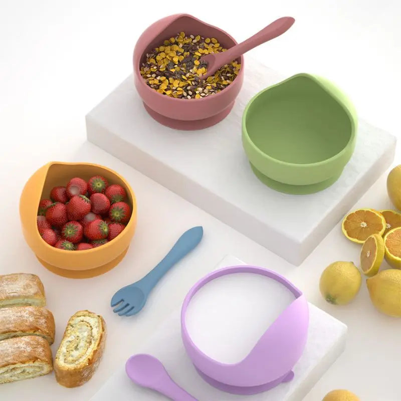 Food Grade Baby Feeding Bowl Set Silicone Tableware Children Dinnerware Kids Eating Plate Foods With Sucker Kitchen Home Use