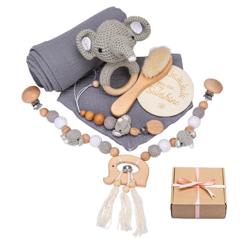 Newborn Bath Toy Set Double Sided Cotton Blanket Crochet Rattle Stroller Toys Animal Teething Bracelet Baby Birth Gift Product