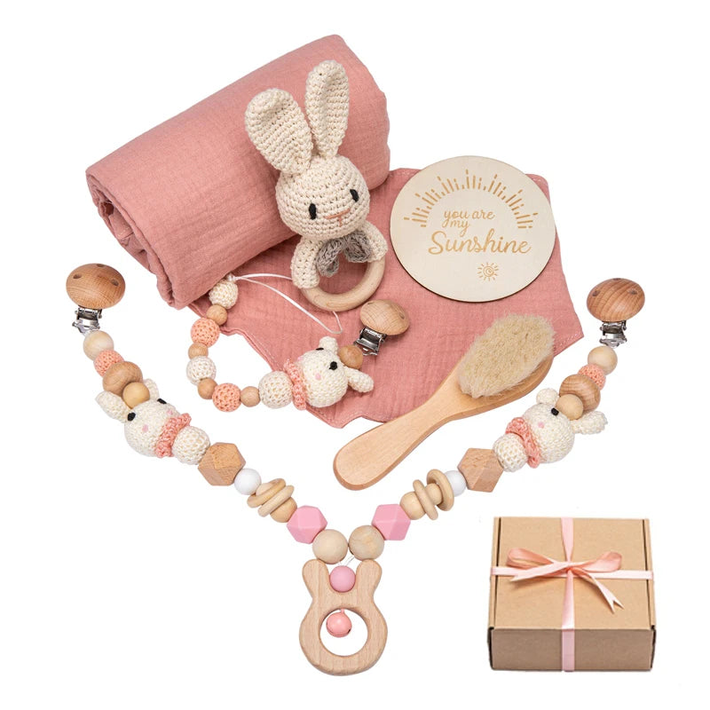 Newborn Bath Toy Set Double Sided Cotton Blanket Crochet Rattle Stroller Toys Animal Teething Bracelet Baby Birth Gift Product