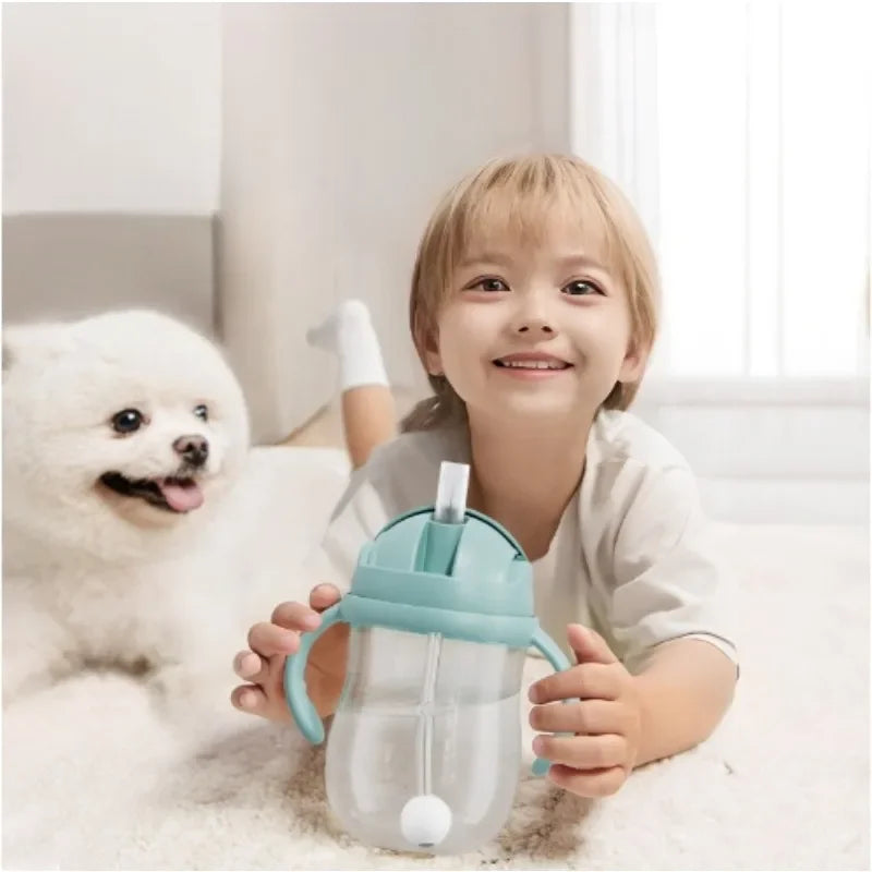300ML Children's Drinking Water Bottle with Straw Baby Portable Bottle with Handle Outdoor Training Cup Mother Baby Products