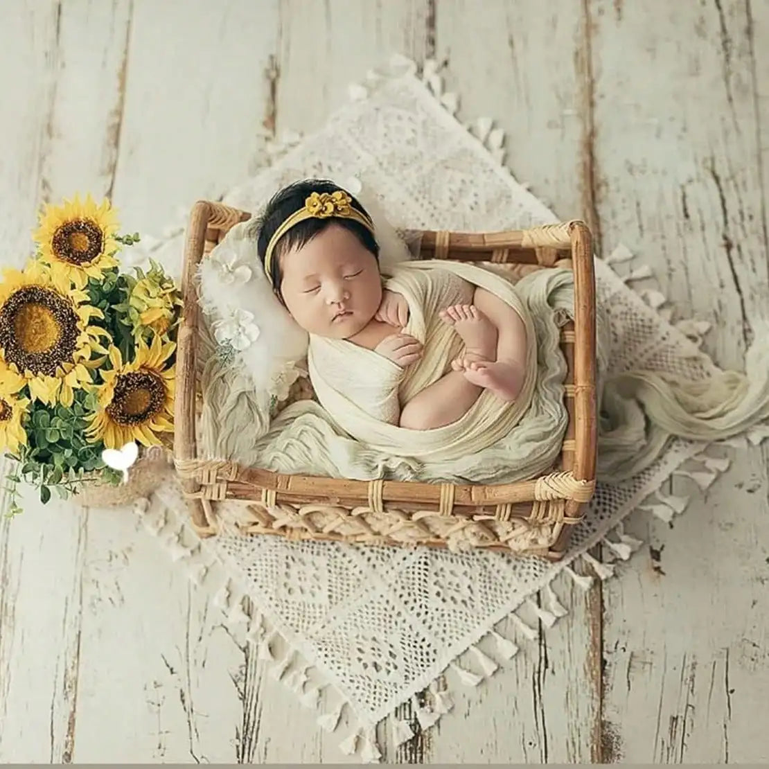 Newborn Photo Prop Boho Blanket - Soft Beige Textured Mat with Intricate Lace Floral Design - Ideal for Baby Shoots