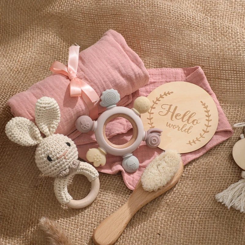 1Set Baby Bath Toy Set Food Grade Silicone Teether Toys Wooden Ring Crochet Rattle Milestones Card Bath Brush For Newborn Gift