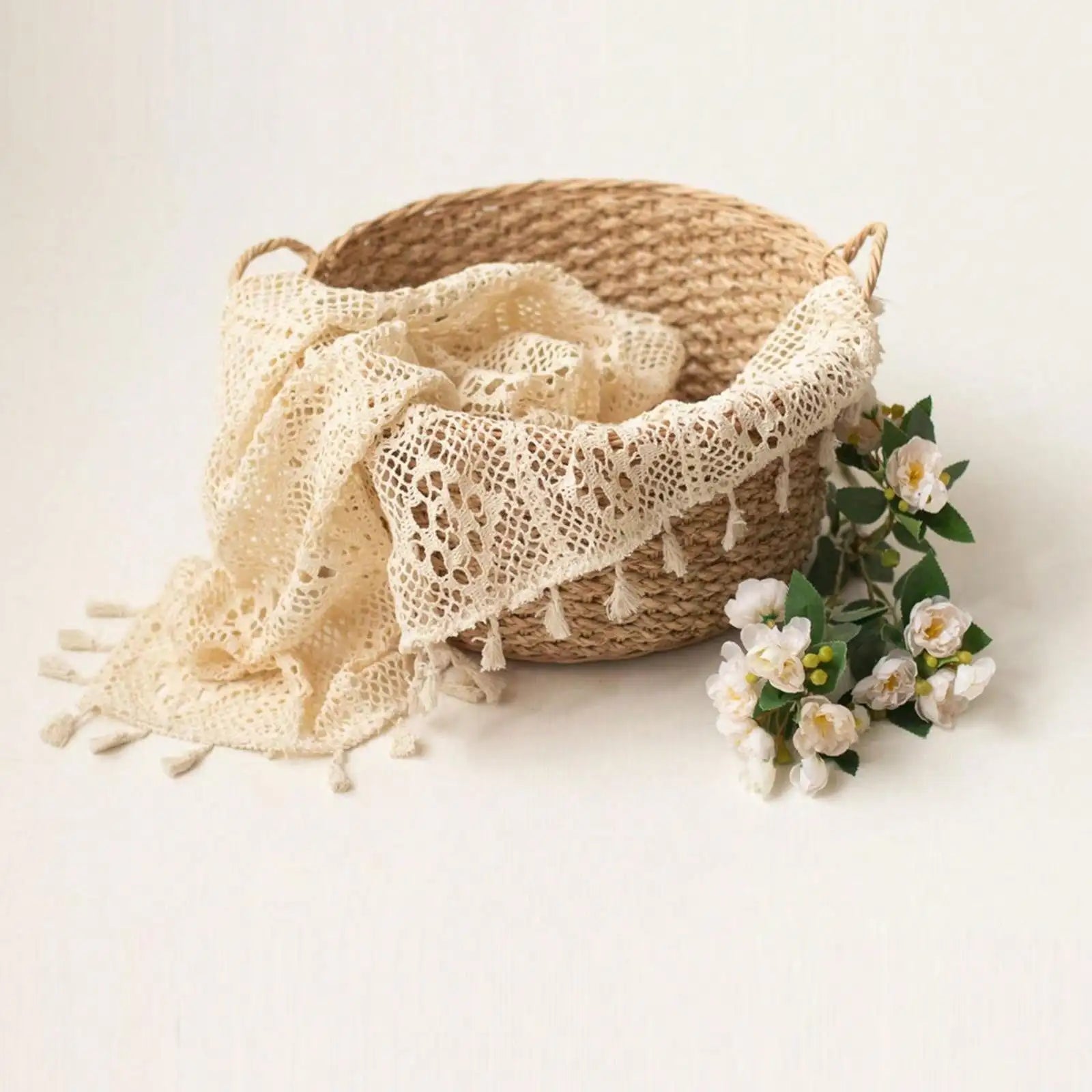 Newborn Photo Prop Boho Blanket - Soft Beige Textured Mat with Intricate Lace Floral Design - Ideal for Baby Shoots