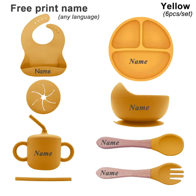 Free Personalized Names Baby Feeding Set 6Pcs Silicone Sucker Bowl Plate Straw Cup Children's Dishes Set Newborn Gift BPA Free