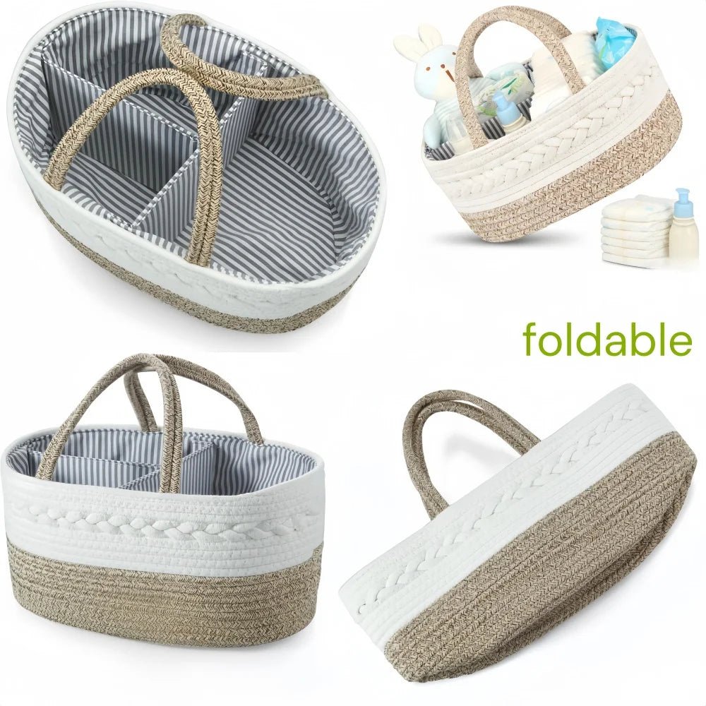 Baby Storage Nursery Organizer Basket Infant Diaper Bag with Handle Changing Nappy Kids Storage Carrier Large Pocket