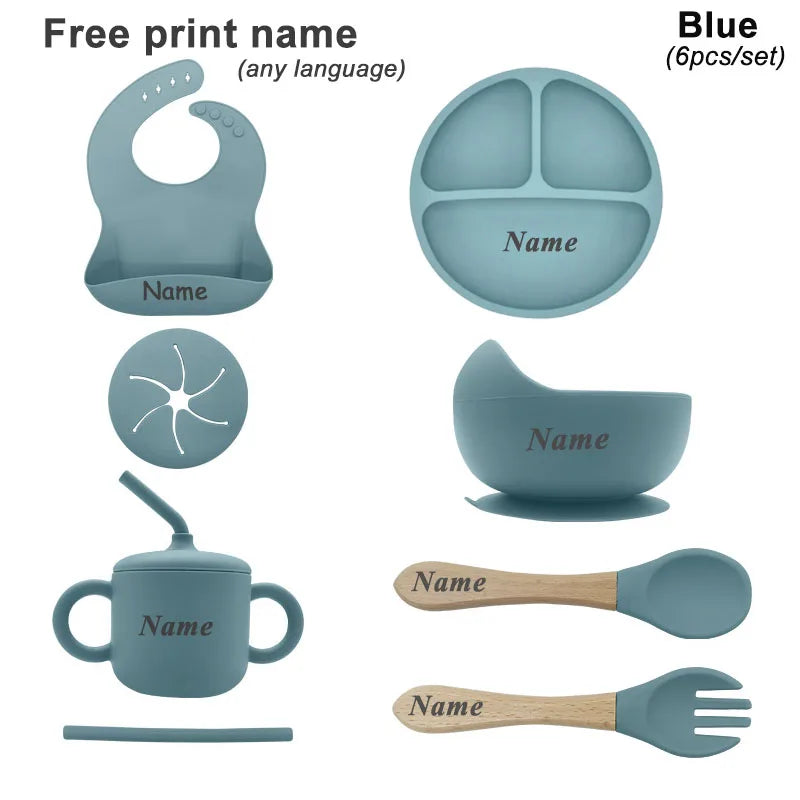 Free Personalized Names Baby Feeding Set 6Pcs Silicone Sucker Bowl Plate Straw Cup Children's Dishes Set Newborn Gift BPA Free