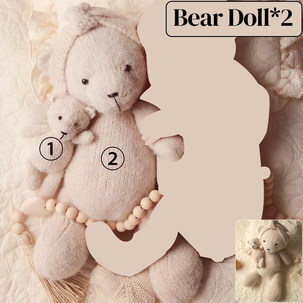 Newborn Photography Props Kit Knitted Baby Jumpsuit+pompom Cap Cute Teddy Bear Doll with Headband Lace Pillow Studio Photo Props