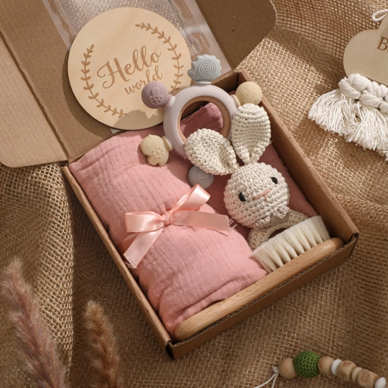 1Set Baby Bath Toy Set Food Grade Silicone Teether Toys Wooden Ring Crochet Rattle Milestones Card Bath Brush For Newborn Gift