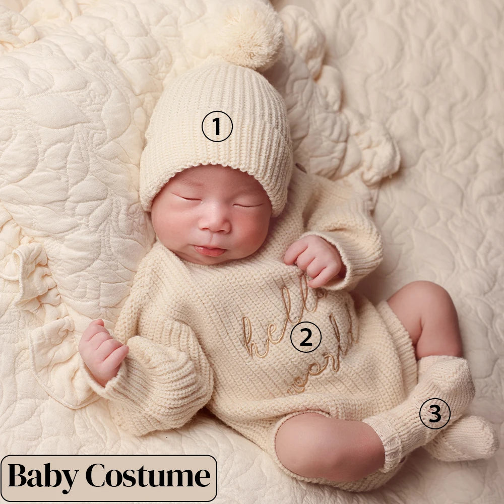 Newborn Photography Props Kit Knitted Baby Jumpsuit+pompom Cap Cute Teddy Bear Doll with Headband Lace Pillow Studio Photo Props