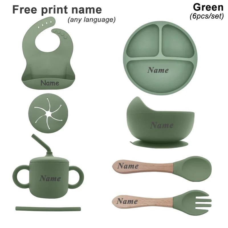 Free Personalized Names Baby Feeding Set 6Pcs Silicone Sucker Bowl Plate Straw Cup Children's Dishes Set Newborn Gift BPA Free