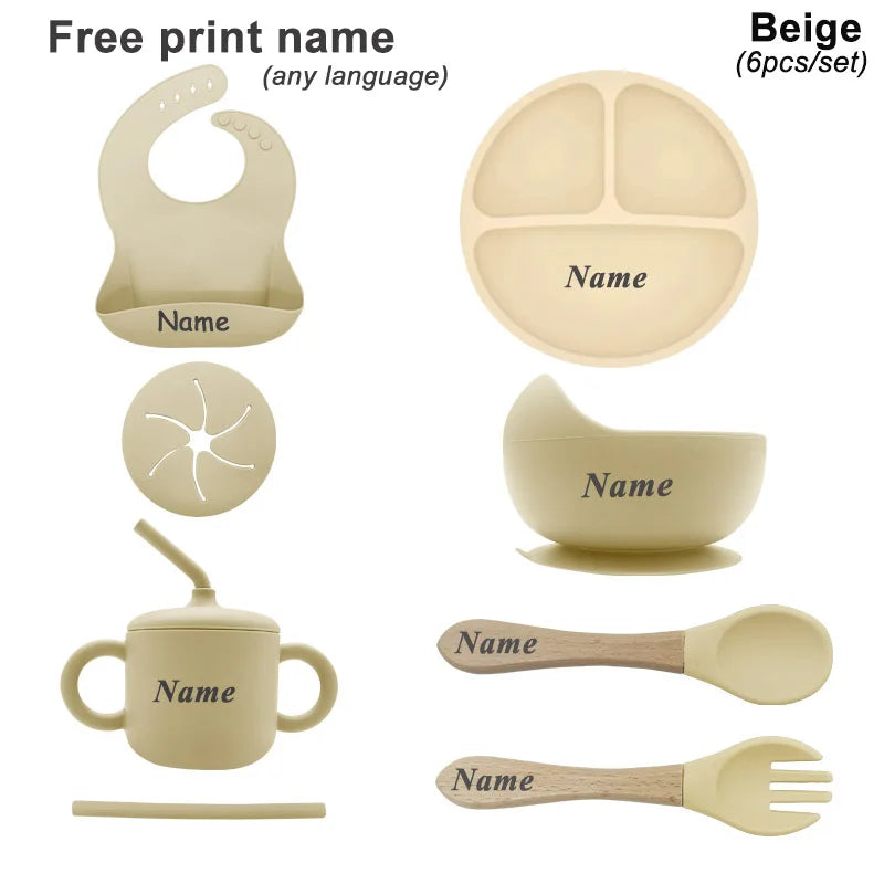 Free Personalized Names Baby Feeding Set 6Pcs Silicone Sucker Bowl Plate Straw Cup Children's Dishes Set Newborn Gift BPA Free