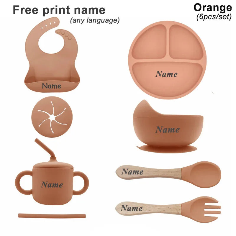 Free Personalized Names Baby Feeding Set 6Pcs Silicone Sucker Bowl Plate Straw Cup Children's Dishes Set Newborn Gift BPA Free