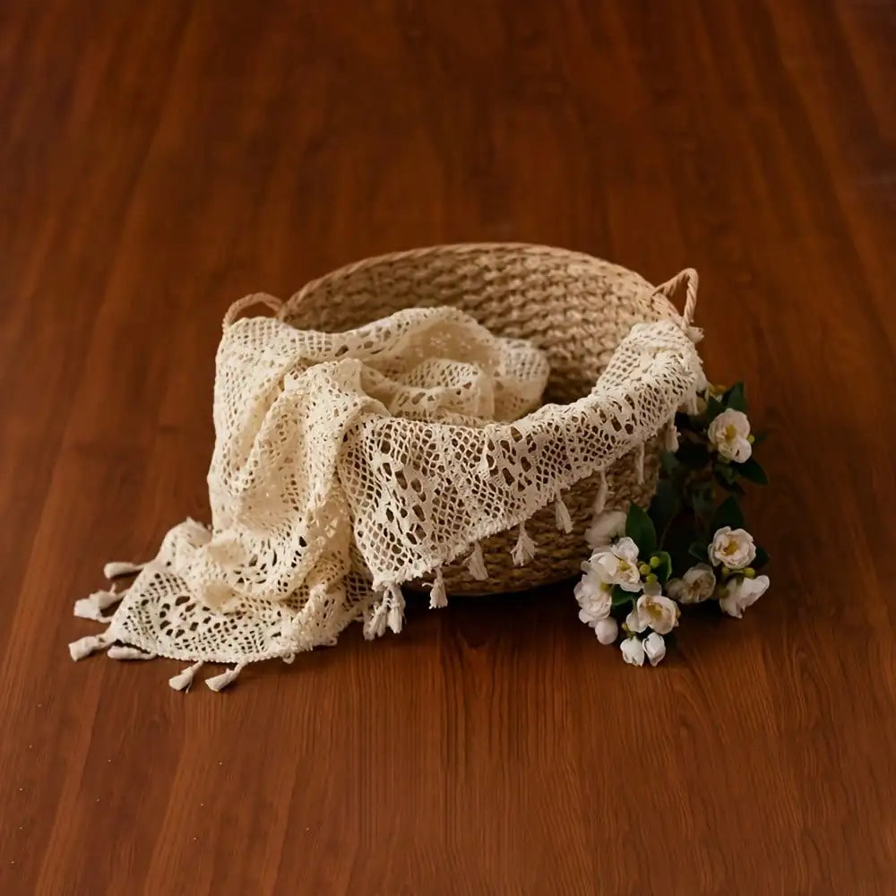 Newborn Photo Prop Boho Blanket - Soft Beige Textured Mat with Intricate Lace Floral Design - Ideal for Baby Shoots