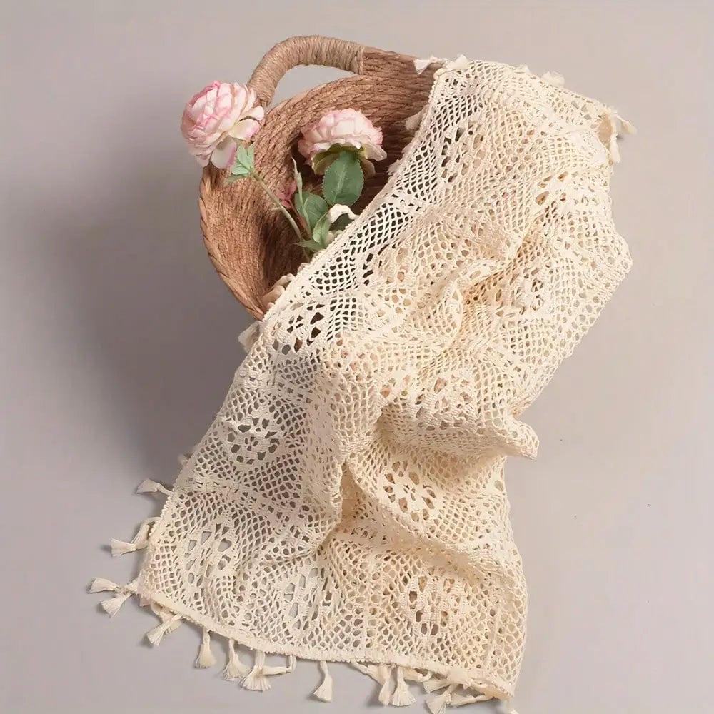 Newborn Photo Prop Boho Blanket - Soft Beige Textured Mat with Intricate Lace Floral Design - Ideal for Baby Shoots
