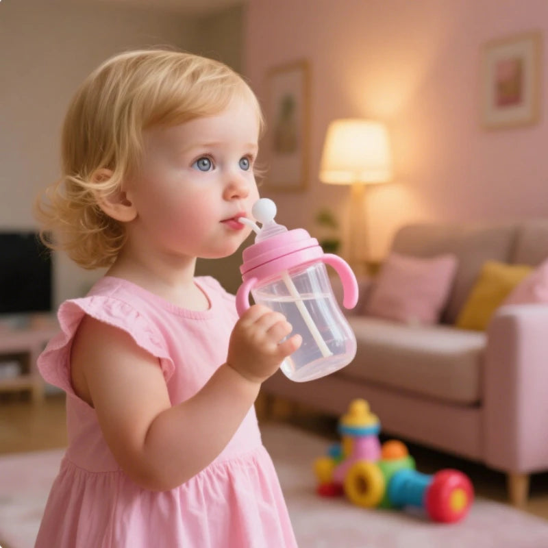 300ML Children's Drinking Water Bottle with Straw Baby Portable Bottle with Handle Outdoor Training Cup Mother Baby Products