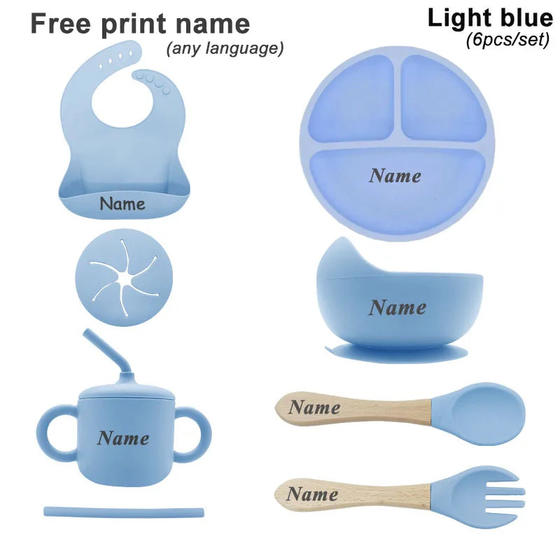Free Personalized Names Baby Feeding Set 6Pcs Silicone Sucker Bowl Plate Straw Cup Children's Dishes Set Newborn Gift BPA Free