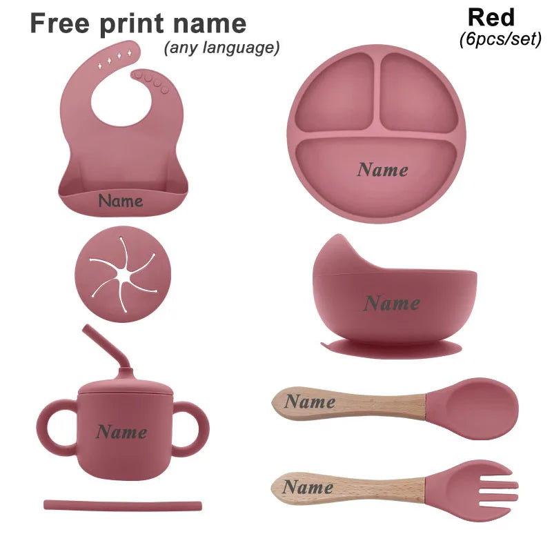 Free Personalized Names Baby Feeding Set 6Pcs Silicone Sucker Bowl Plate Straw Cup Children's Dishes Set Newborn Gift BPA Free
