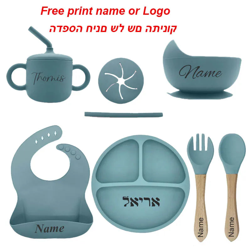 Free Personalized Names Baby Feeding Set 6Pcs Silicone Sucker Bowl Plate Straw Cup Children's Dishes Set Newborn Gift BPA Free