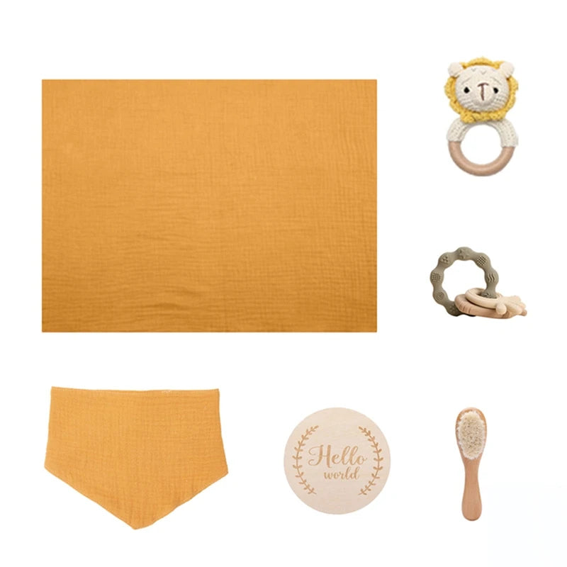 1Set Baby Bath Toy Set Food Grade Silicone Teether Toys Wooden Ring Crochet Rattle Milestones Card Bath Brush For Newborn Gift