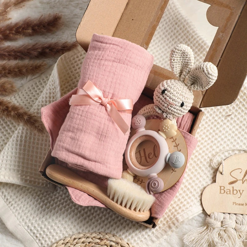 1Set Baby Bath Toy Set Food Grade Silicone Teether Toys Wooden Ring Crochet Rattle Milestones Card Bath Brush For Newborn Gift