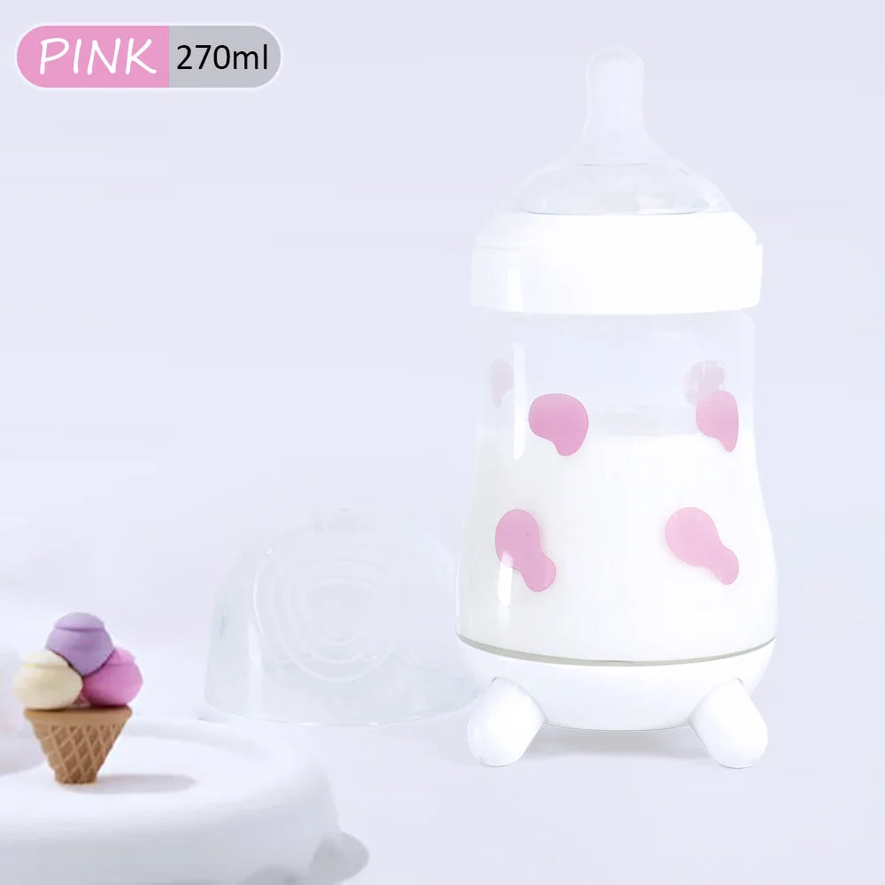 180ML/270ML cute cow shaped anti bloating baby PP bottle without handle, silicone replacement nipple available for sale