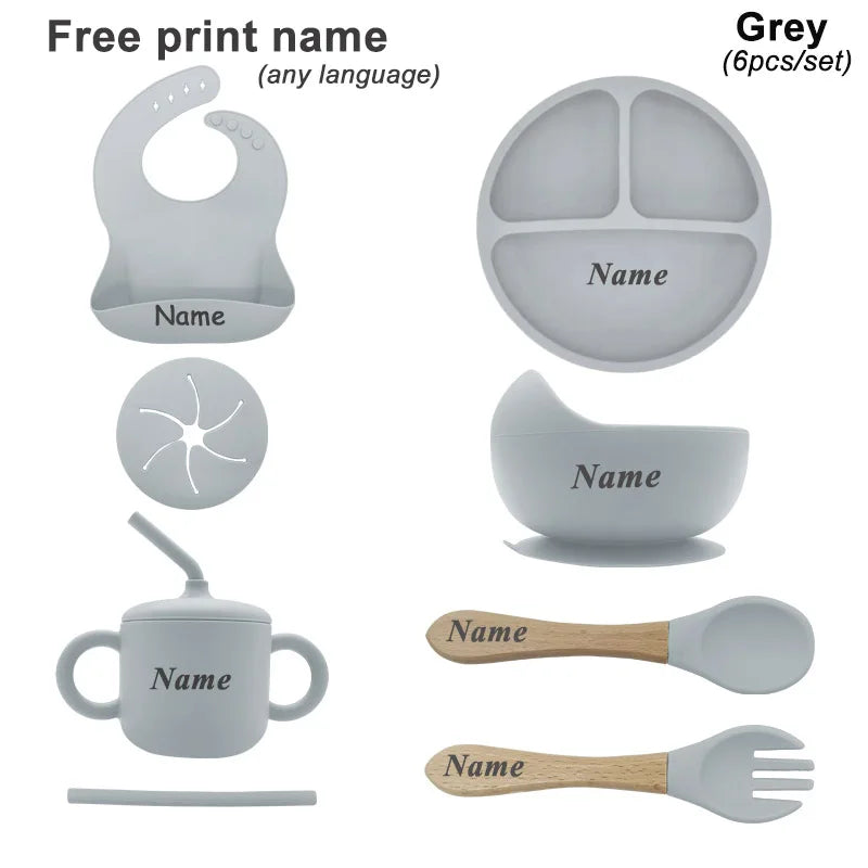 Free Personalized Names Baby Feeding Set 6Pcs Silicone Sucker Bowl Plate Straw Cup Children's Dishes Set Newborn Gift BPA Free