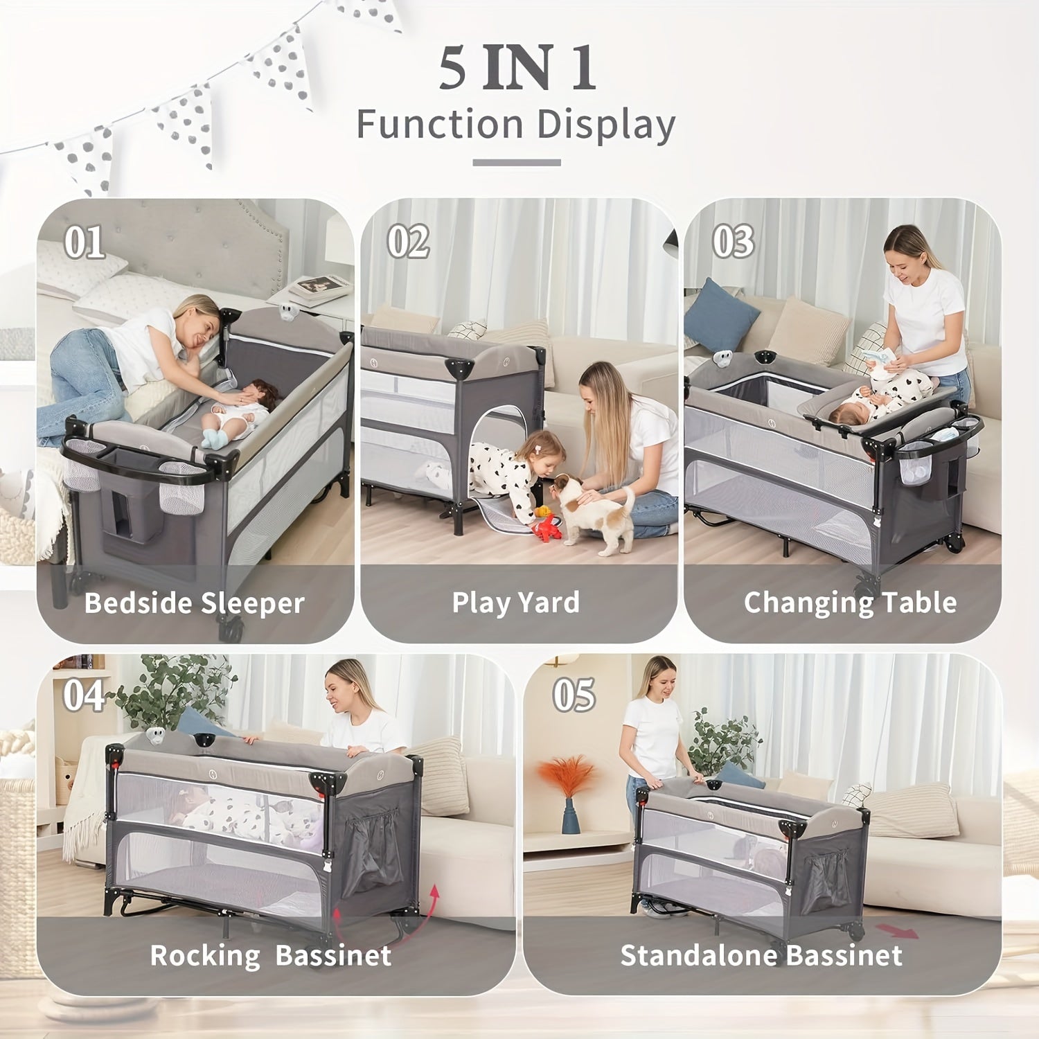 5 In 1 Baby Bassinet Bedside Sleeper - Beside Bassinet With Diaper Changer, Mattress, Bedside Crib With Storage, Foldable Bassinet From Newborn To Toddler (Light Gray) - For New Parents - Suitable for Nursery & Travel - Ideal