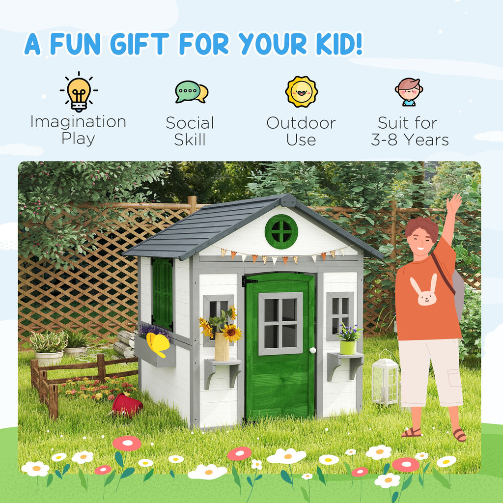 Wooden Playhouse for Kids Outdoor with Doors, Windows, Planter Pots and Boxes for Toddlers 3-8 Years, White