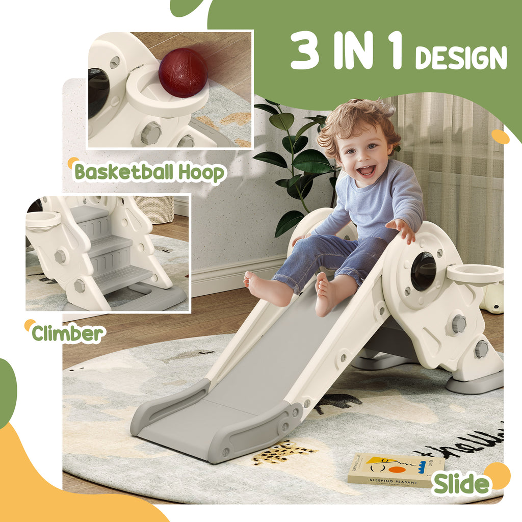 3-in-1 Kids Slide With Basketball Hoop, Climber, Anti-Slip Steps For Toddlers, Ages 2-5 Years, Cream White