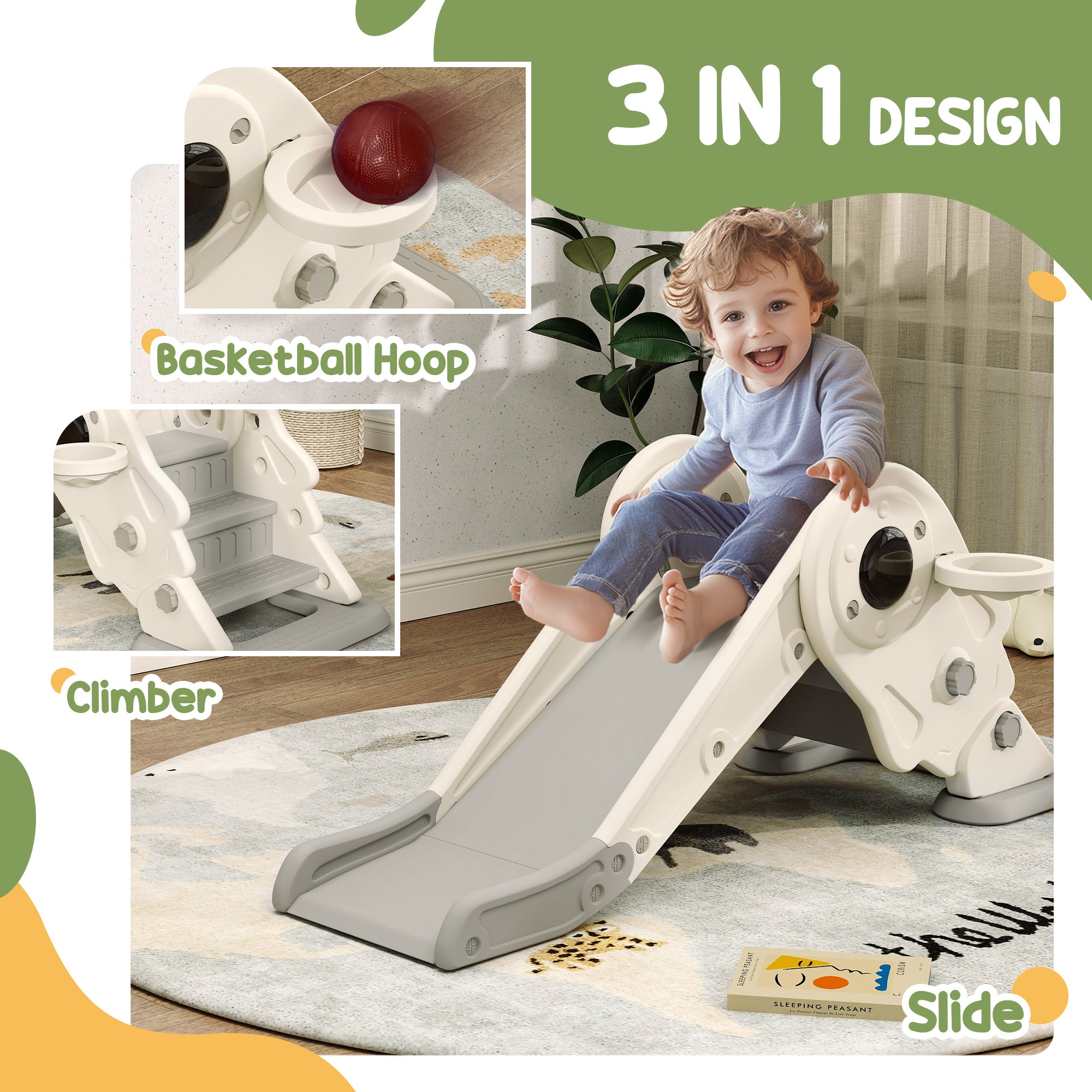 3-in-1 Kids Slide With Basketball Hoop, Climber, Anti-Slip Steps For Toddlers, Ages 2-5 Years, Cream White