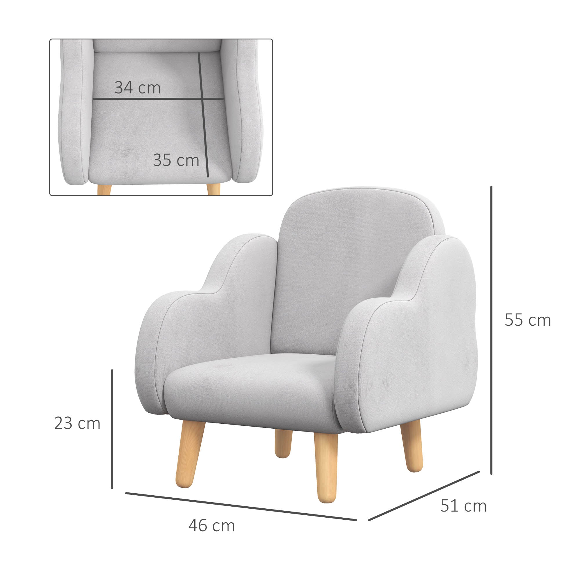 ZONEKIZ Kids Armchair Toddler Sofa Children Chair With Arm Rest, Wooden Frame, Velvet, PP Legs, Cloud Shape, For Ages 1.5-3 Years - Grey