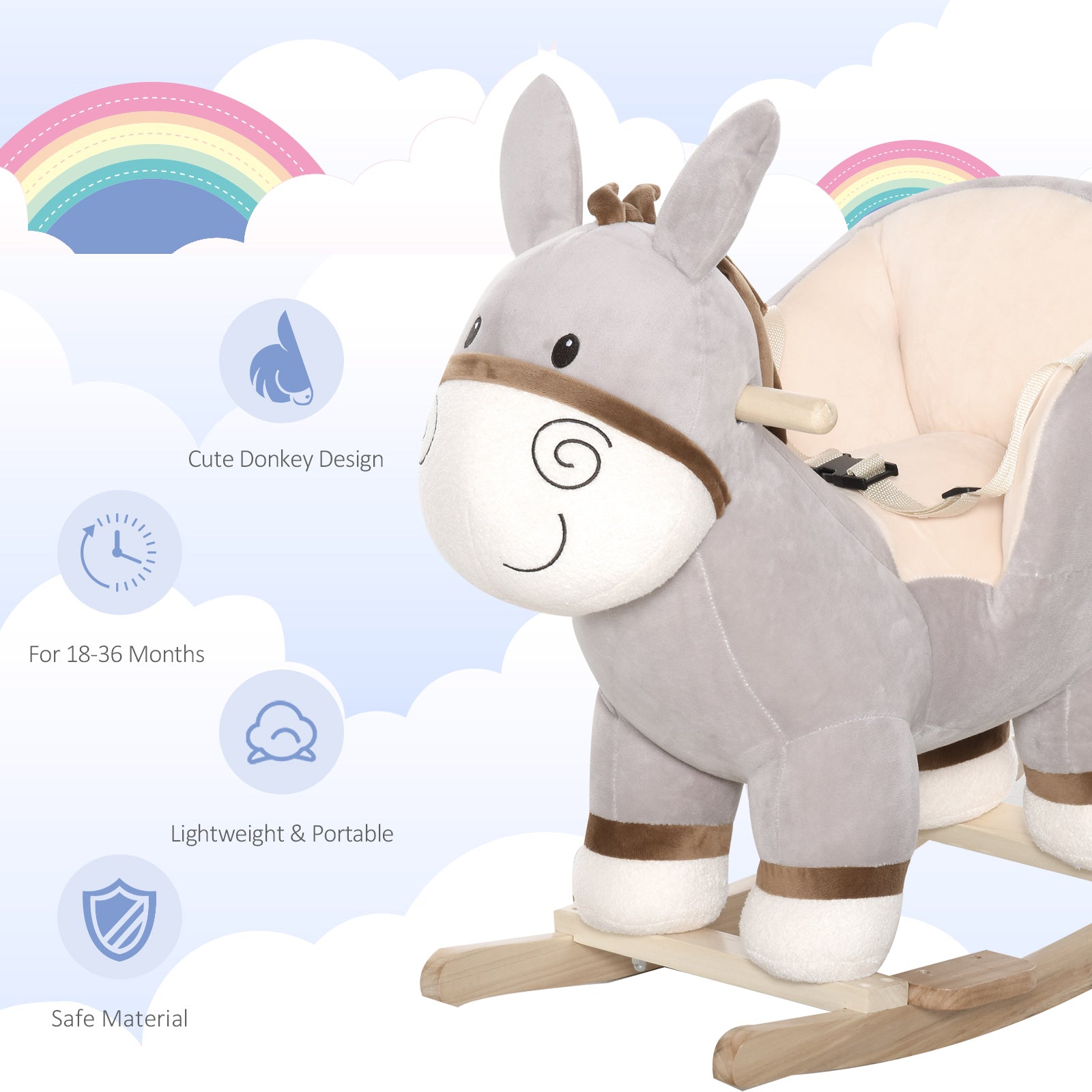 Kids Rocking Chair, Plush Ride On Rocking Horse Donkey With Sound, Wood Base Seat, Safety Belt, Baby Toddler Rocker Toy For 18 - 36 Months, Gray